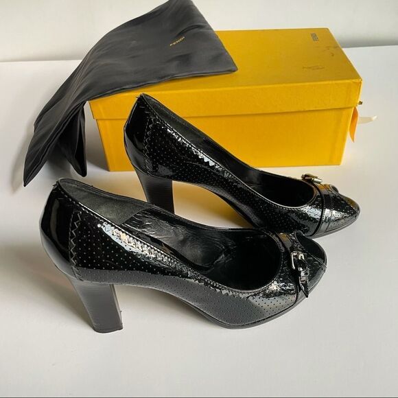 Y2K Fendi Designer Patent Leather Peep Toe Pump Sz 10 - Picture 12 of 14